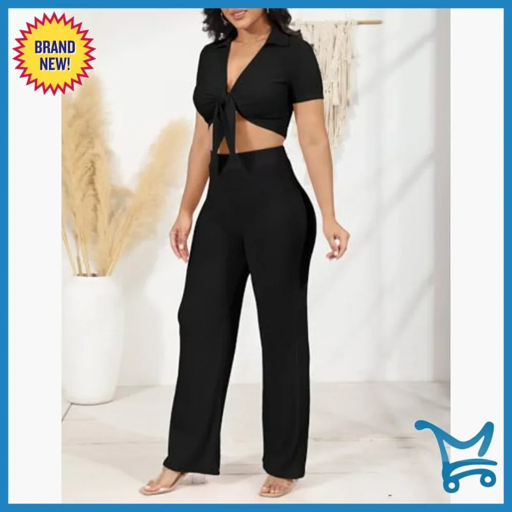 V-Neck Crop Top Wide Leg Pants Matching Set Medium Polyester Vacation Outfit